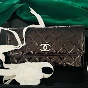 NEW CHANEL Black Long Quilted Patent Leather Wallet (NIB)
